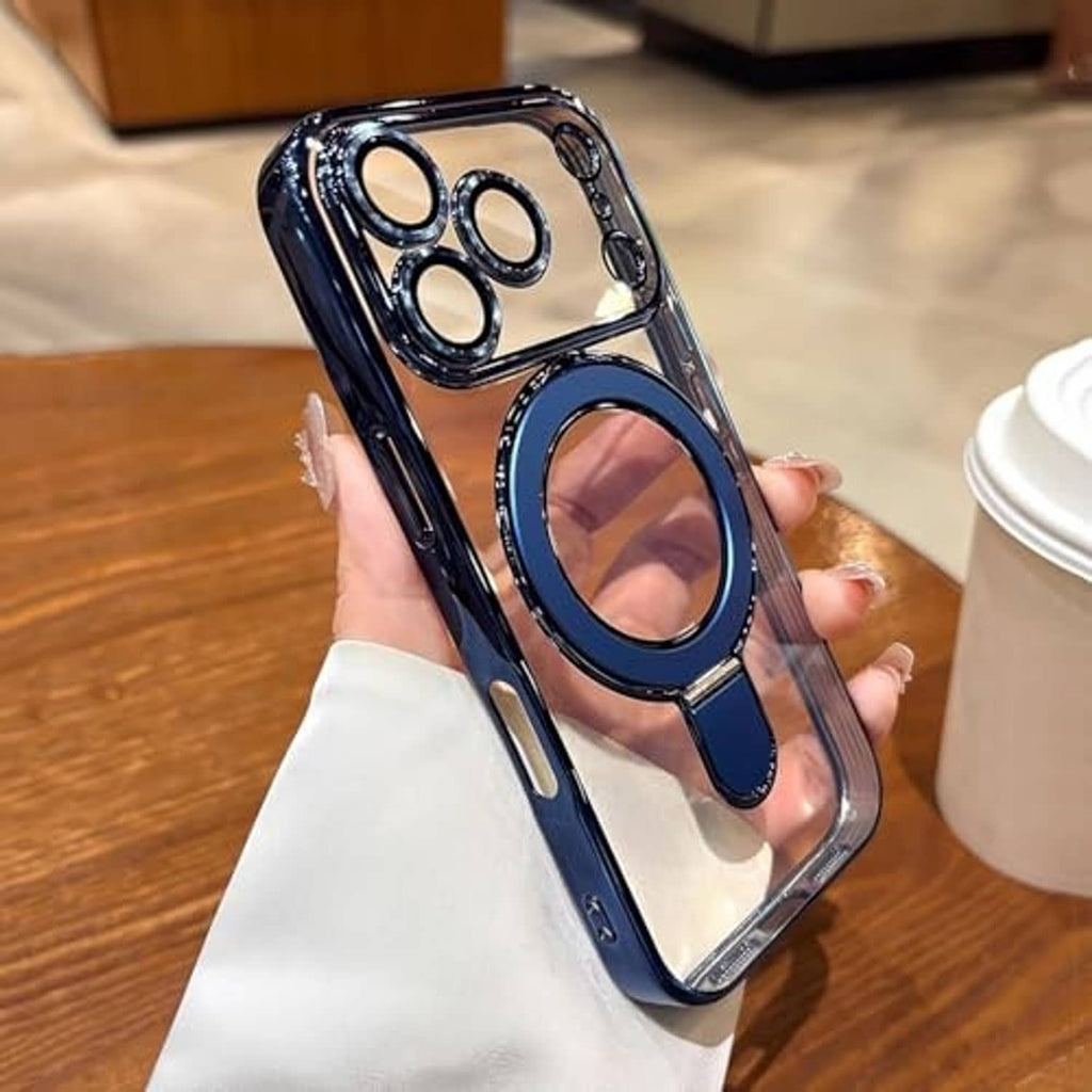 Clear blue magnetic phone case with ring holder and camera bump protection