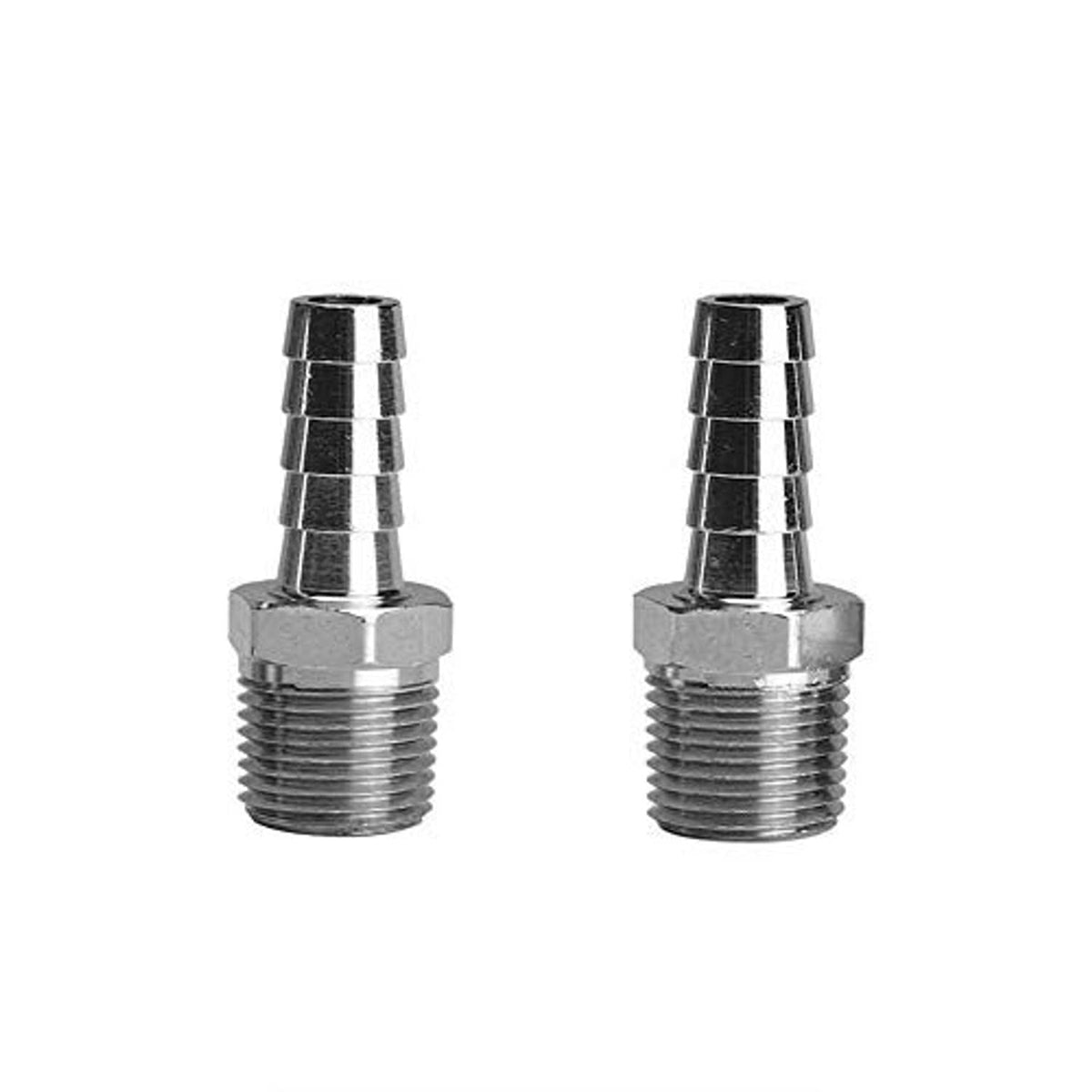 Stainless steel hose barb to NPT fitting set; two pieces with barbed and male-thread ends
