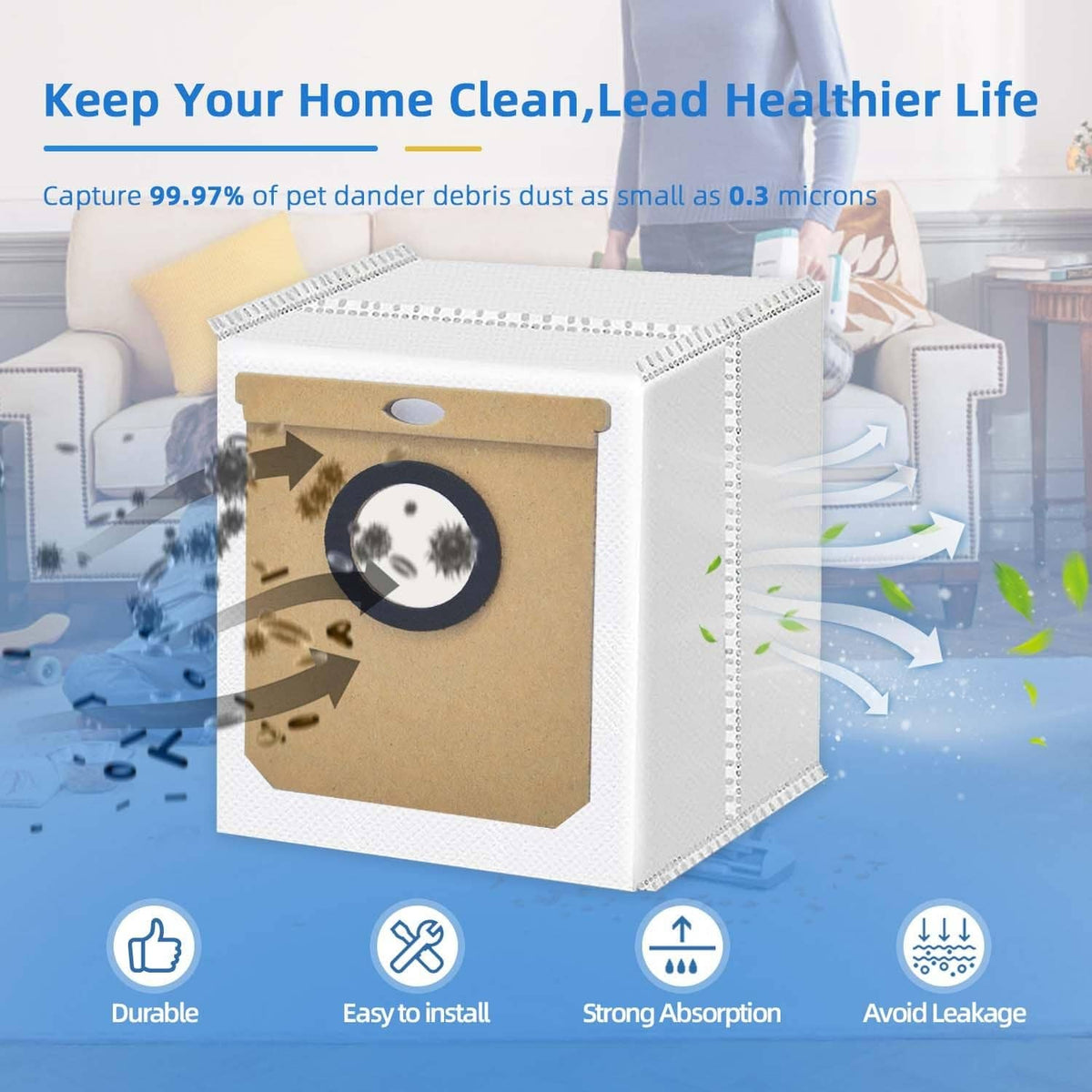 Vacuum dust bags with circular filter opening, beige paper pouches for debris capture