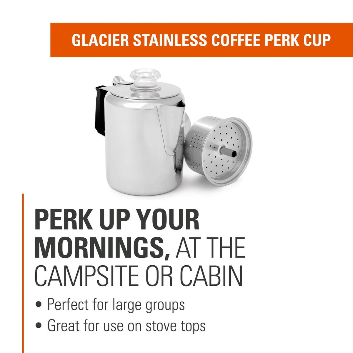 Stainless steel 3-cup coffee perk pot with filter basket and clear top