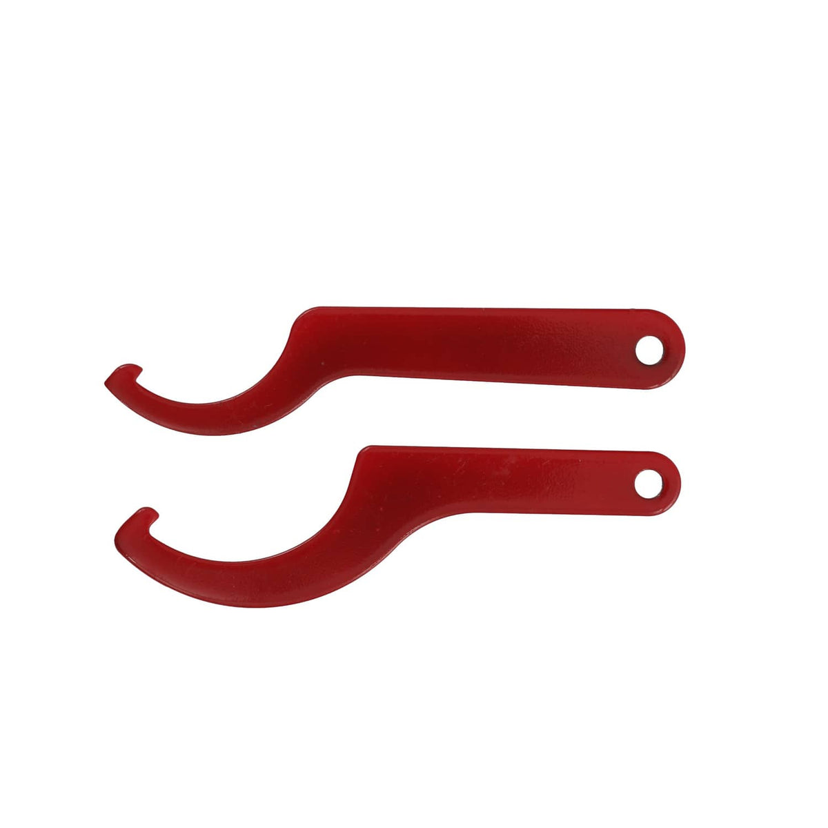 Red suspension hook tools, two curved pieces with hole ends