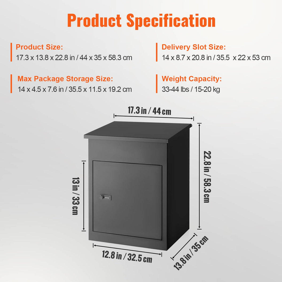 Outdoor mailbox product sizing diagram with dark gray coded lock door