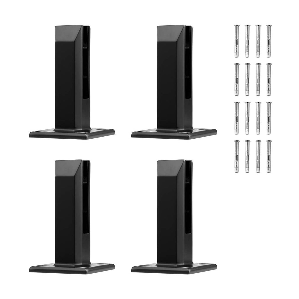 Black square vertical glass railing floor clamps set with mounting screws