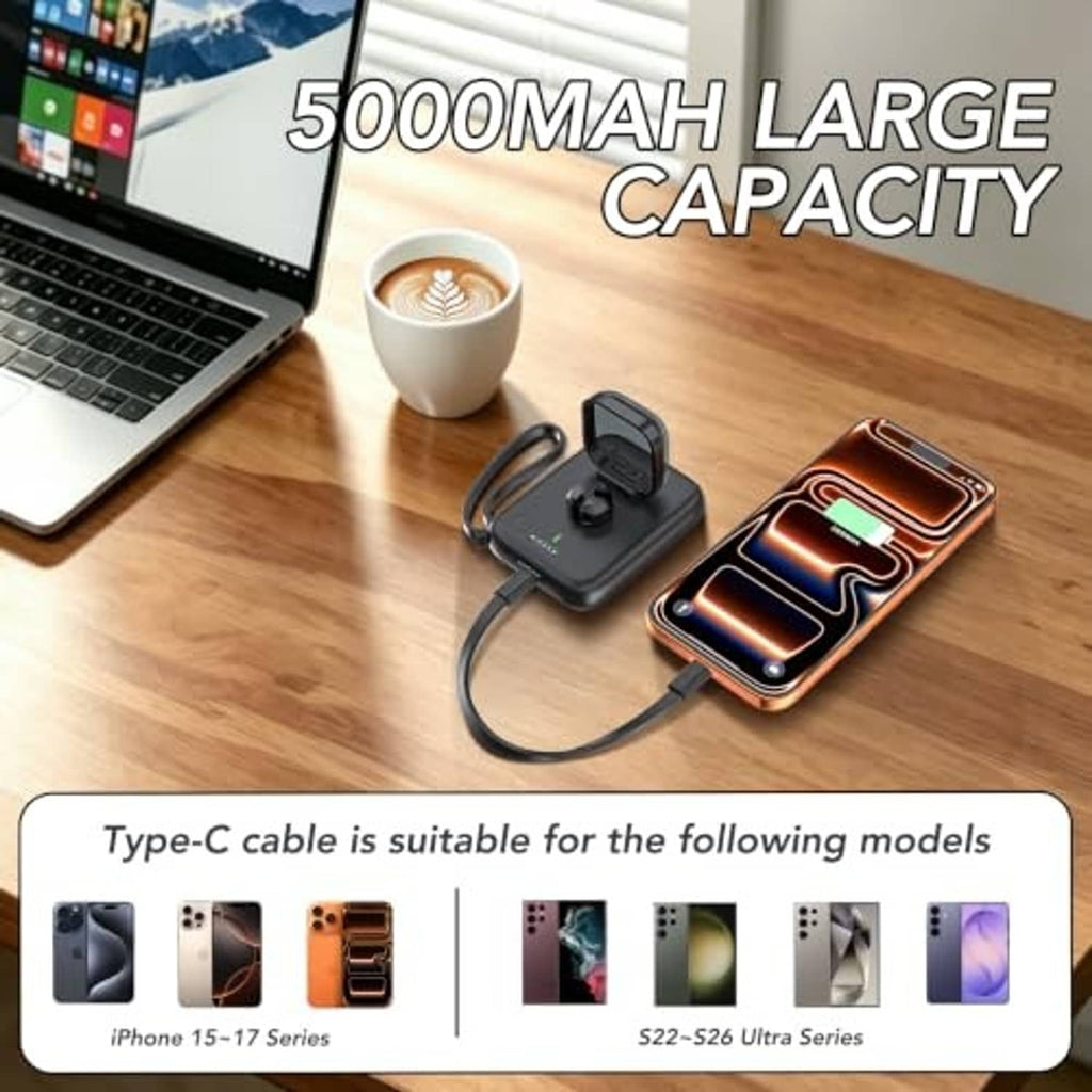 Black power bank charging dock with connected Type-C cable and green LED