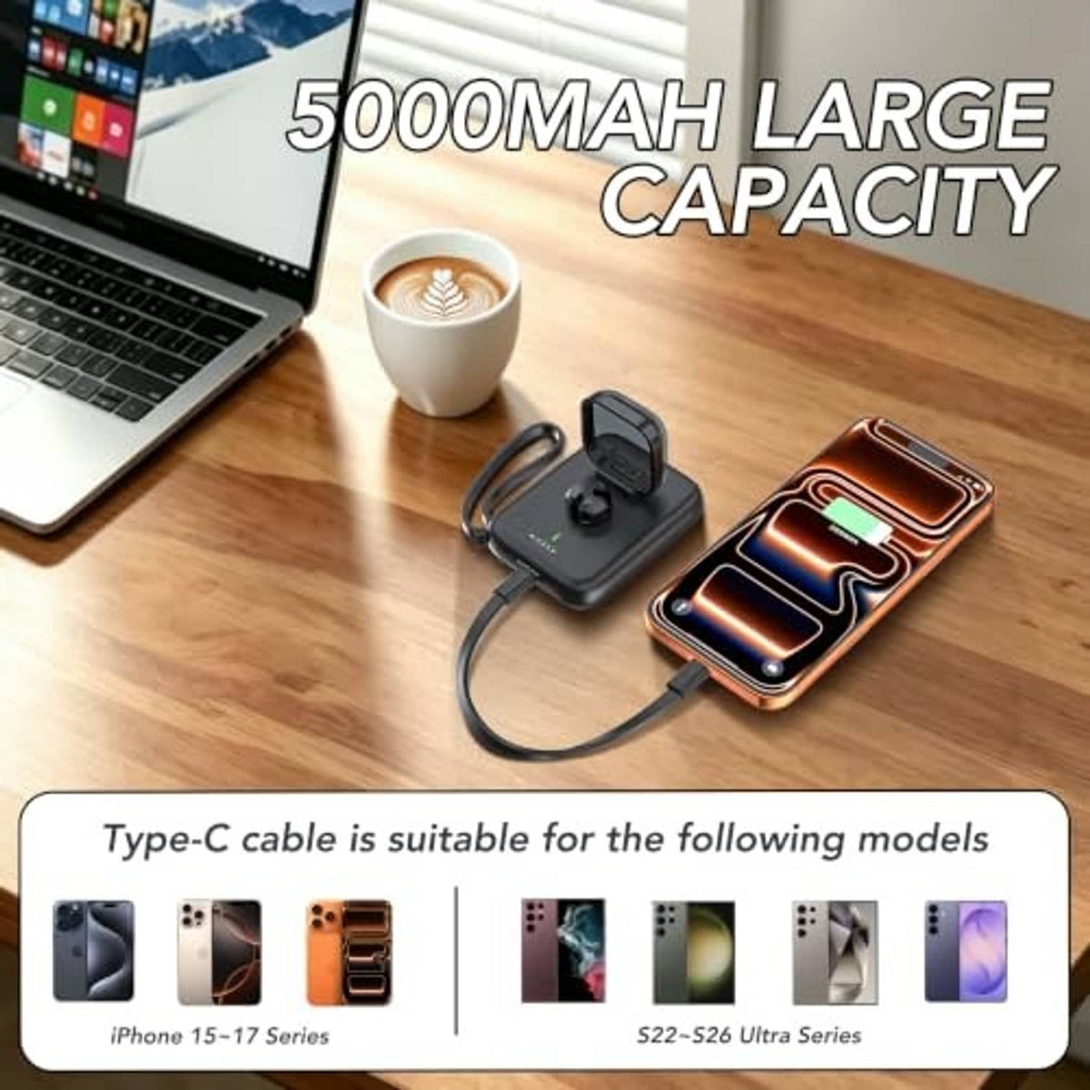 Black power bank charging dock with connected Type-C cable and green LED