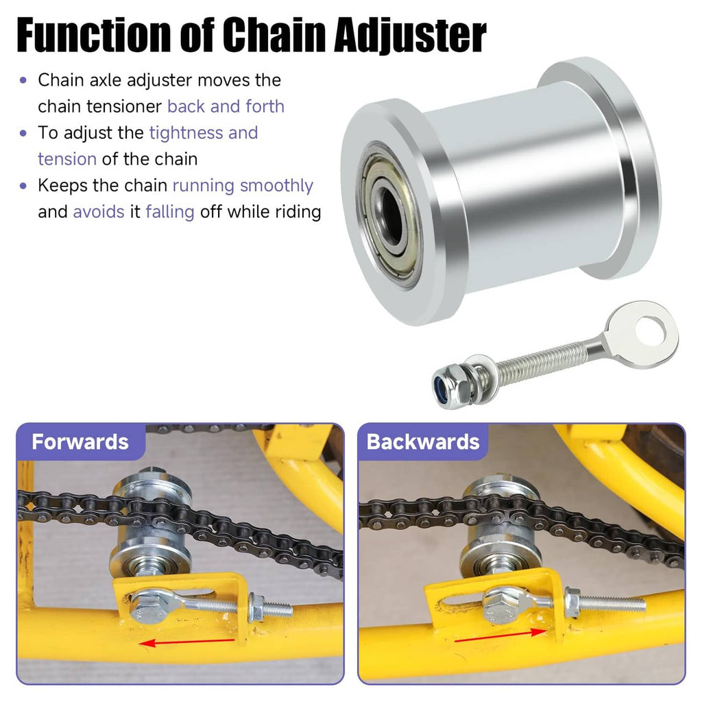 Mini bike chain adjuster showing forward and backward tensioner positions with roller