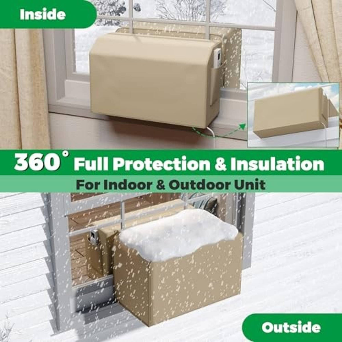 Beige U-shaped window AC cover installed, offering full protection for indoor and outdoor use.
