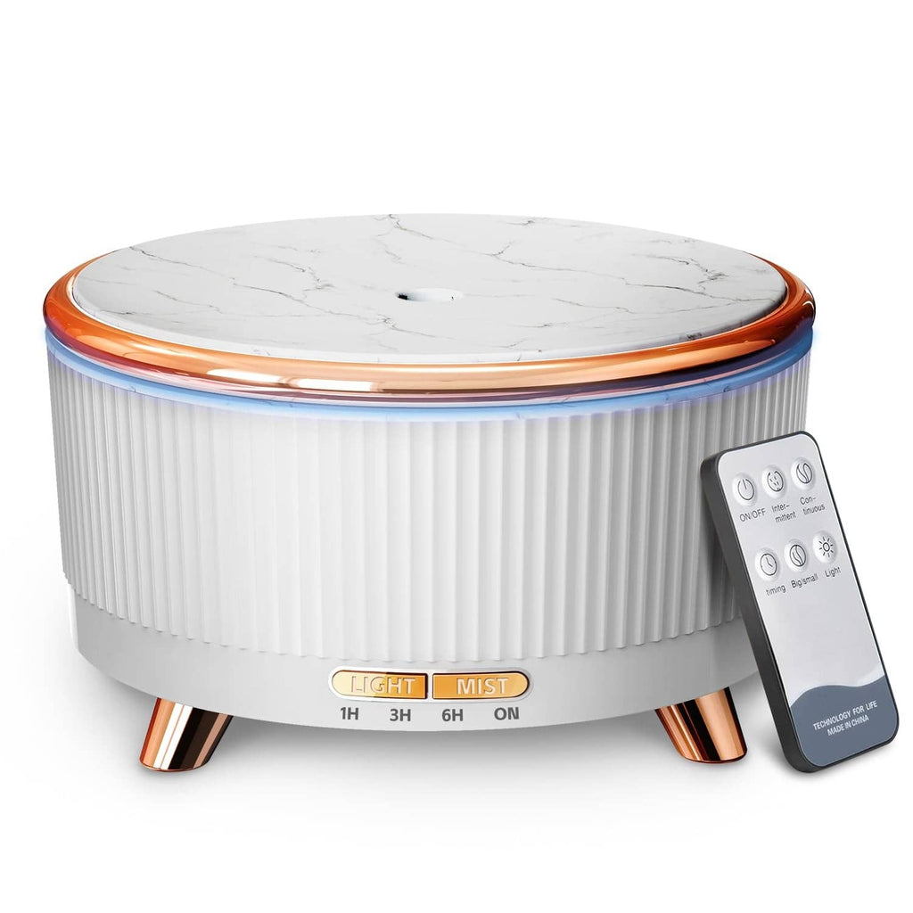 White ultrasonic essential oil diffuser with marble-look lid and orange LED ring