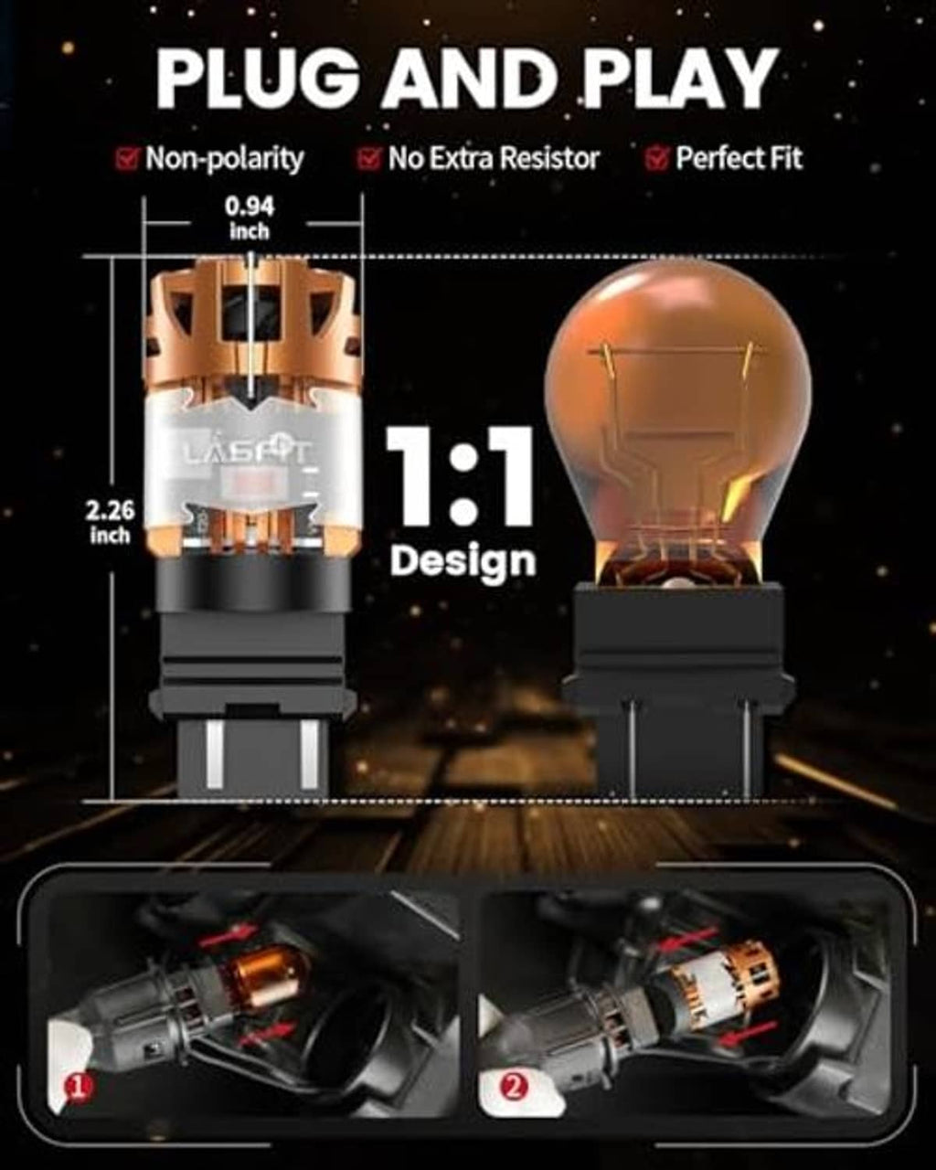 Plug-and-play LED bulb with gold contacts and black base, size diagram shown