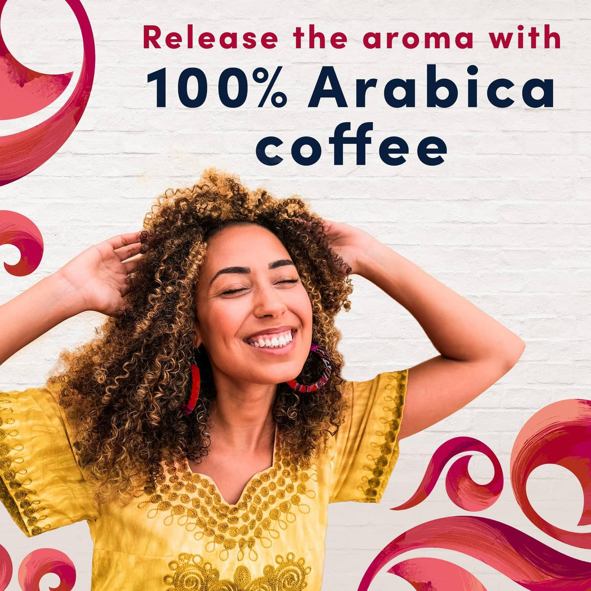 100% Arabica coffee aroma claim with smiling woman and hands in hair