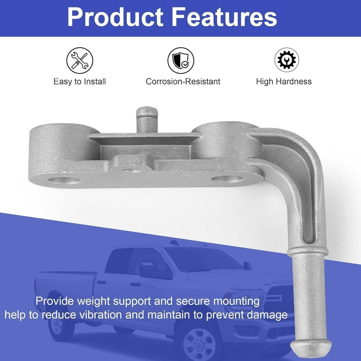 Exhaust bracket product features view: silver tailpipe support with bolt holes