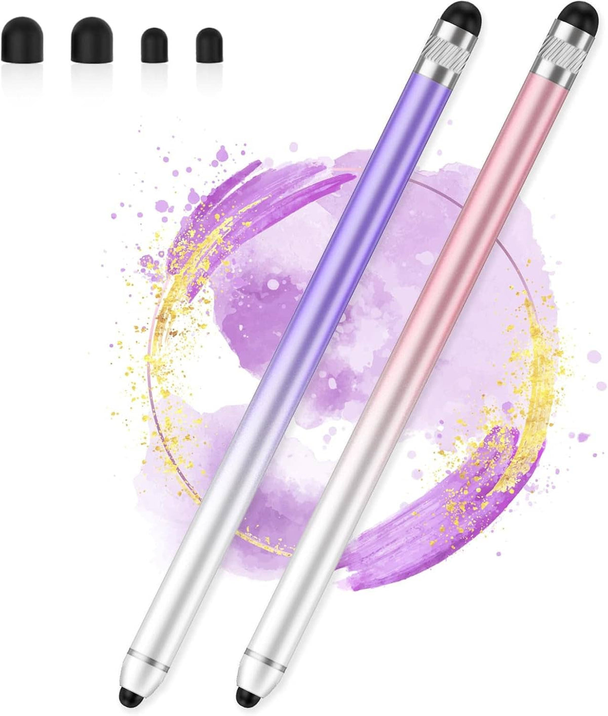 Dual-end stylus pens in purple and pink with silver barrels and black caps.