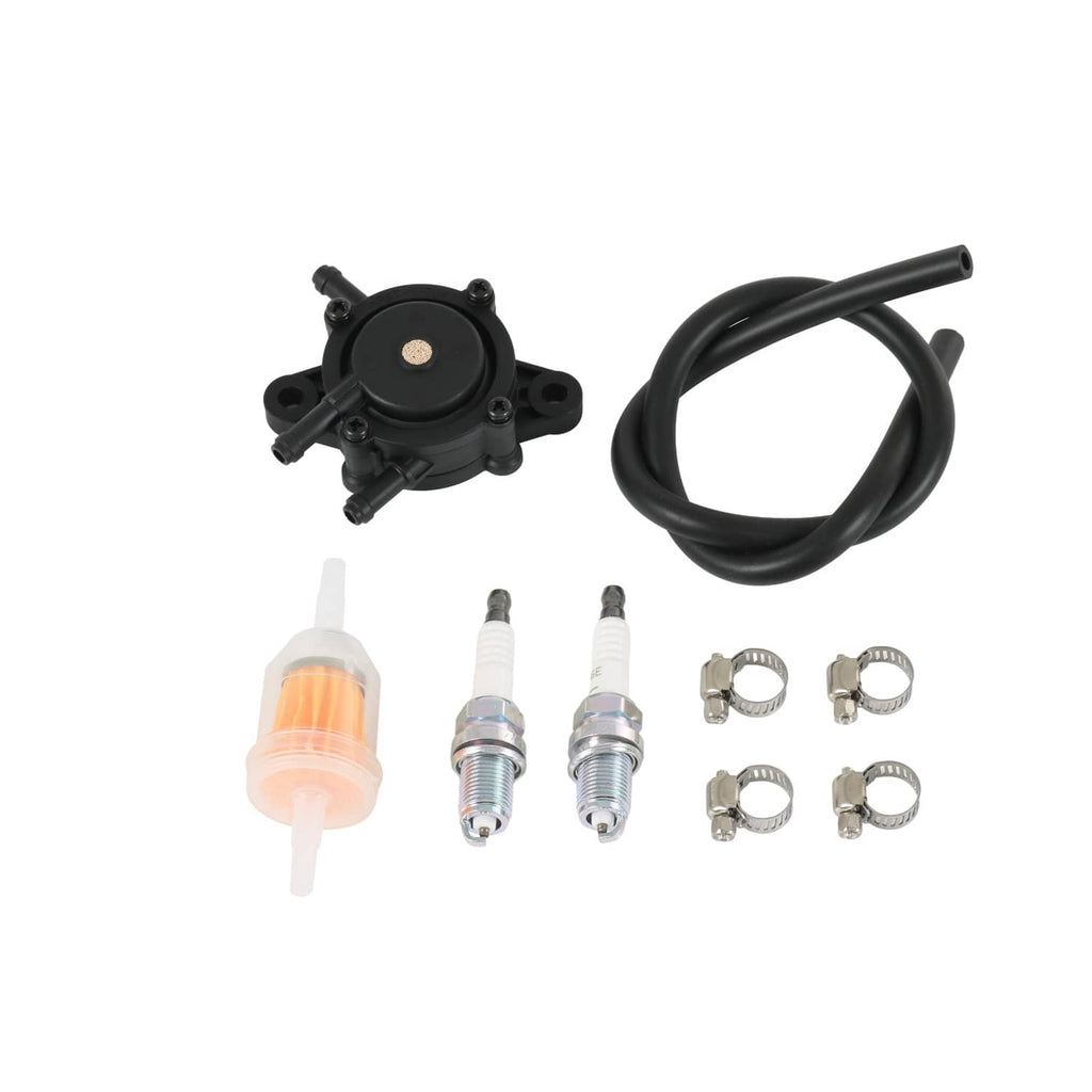 Air filter kit showing black valve, black hose, fuel line, spark plugs, and metal clamps