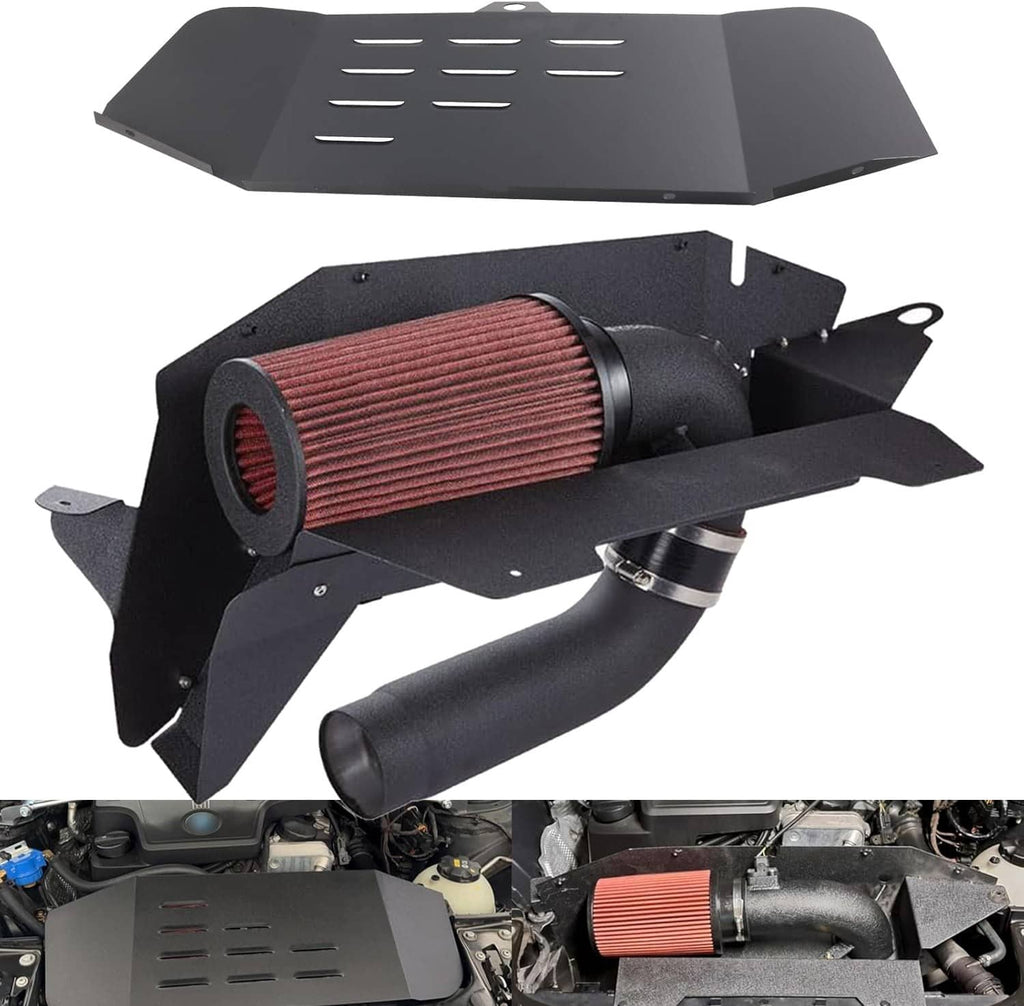 Cold air intake kit with black heat shield, red cone air filter, and intake tube