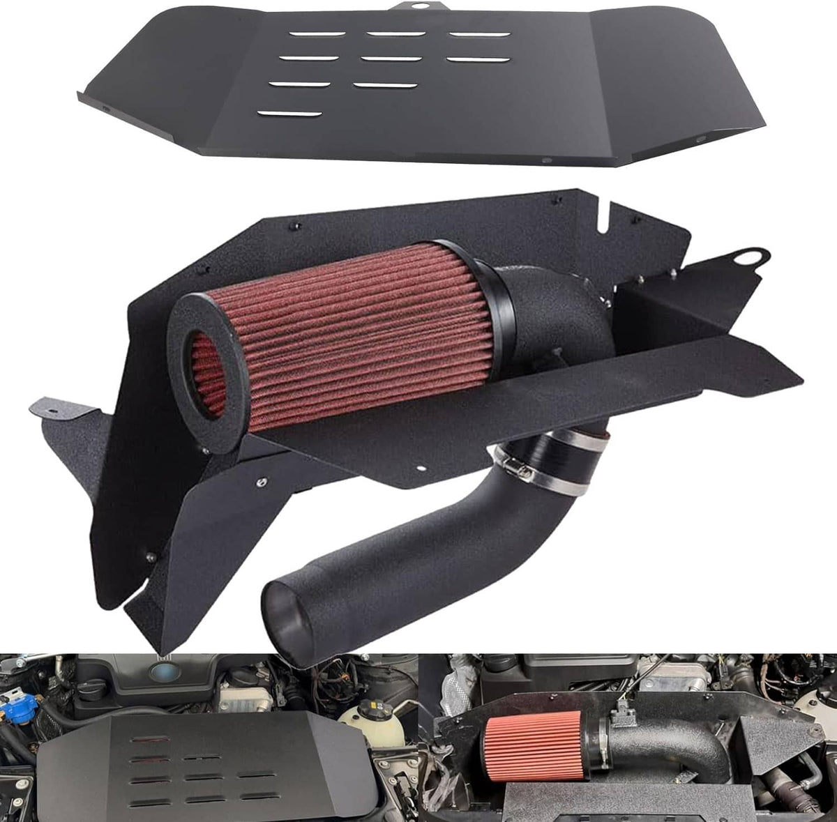 Cold air intake kit with black heat shield, red cone air filter, and intake tube