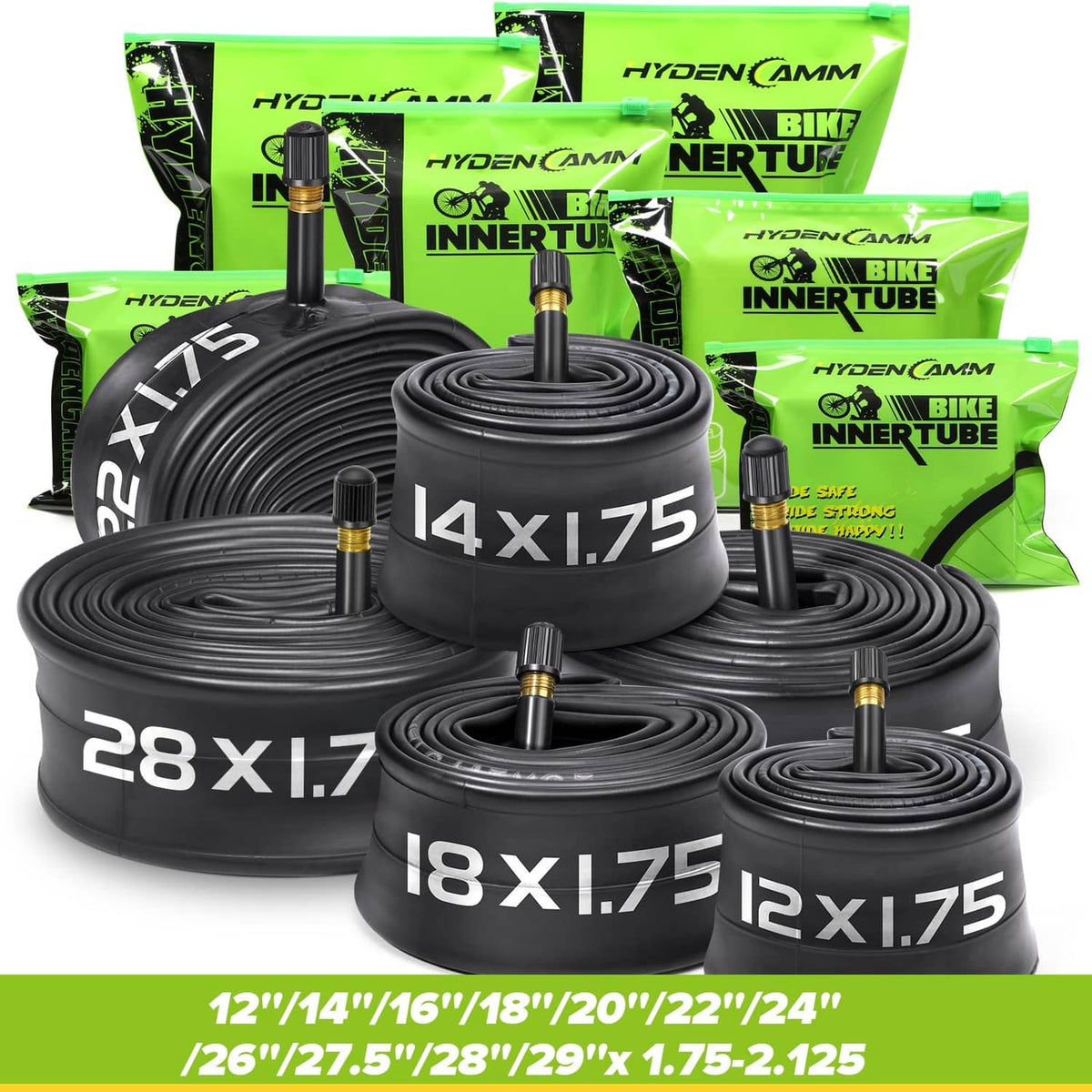 Multi-size set of black bike inner tubes with Schrader valves and size labels