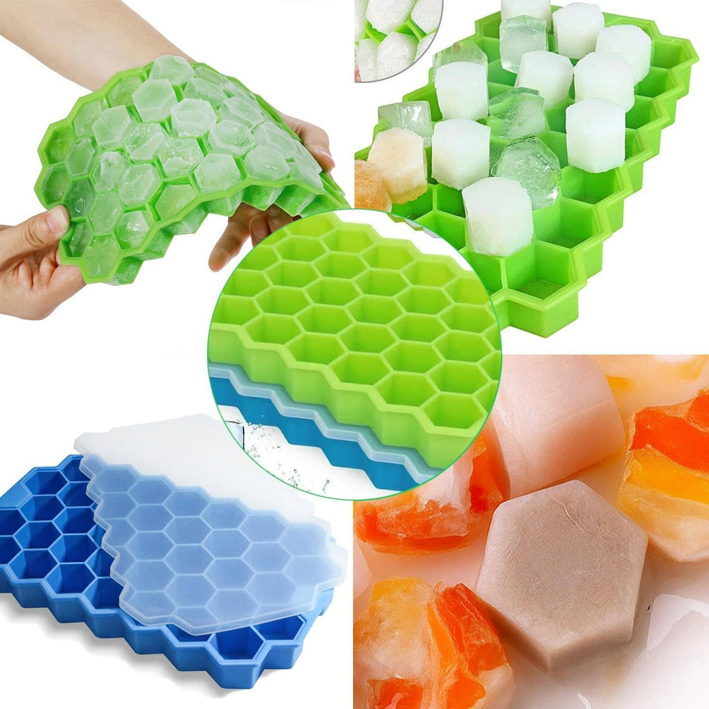 Green silicone honeycomb ice cube tray with lid, filled with clear ice cubes