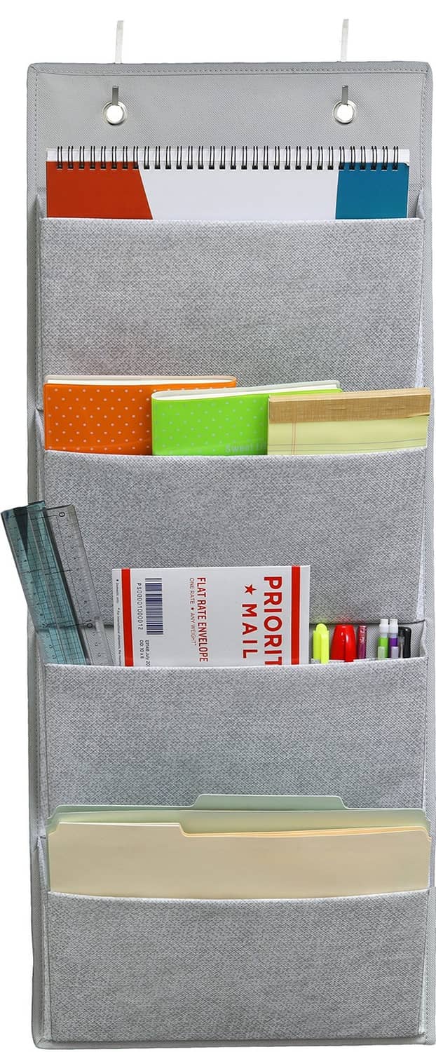 Gray wall pocket organizer with 4 compartments and top hang tabs for office supplies