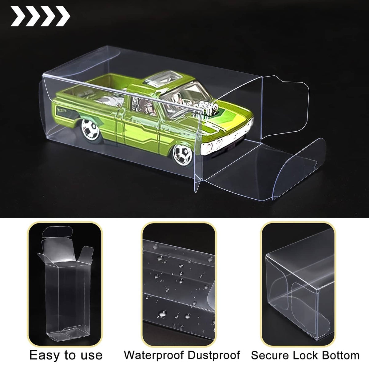 Clear 1/64 scale display case with one lime green model car inside