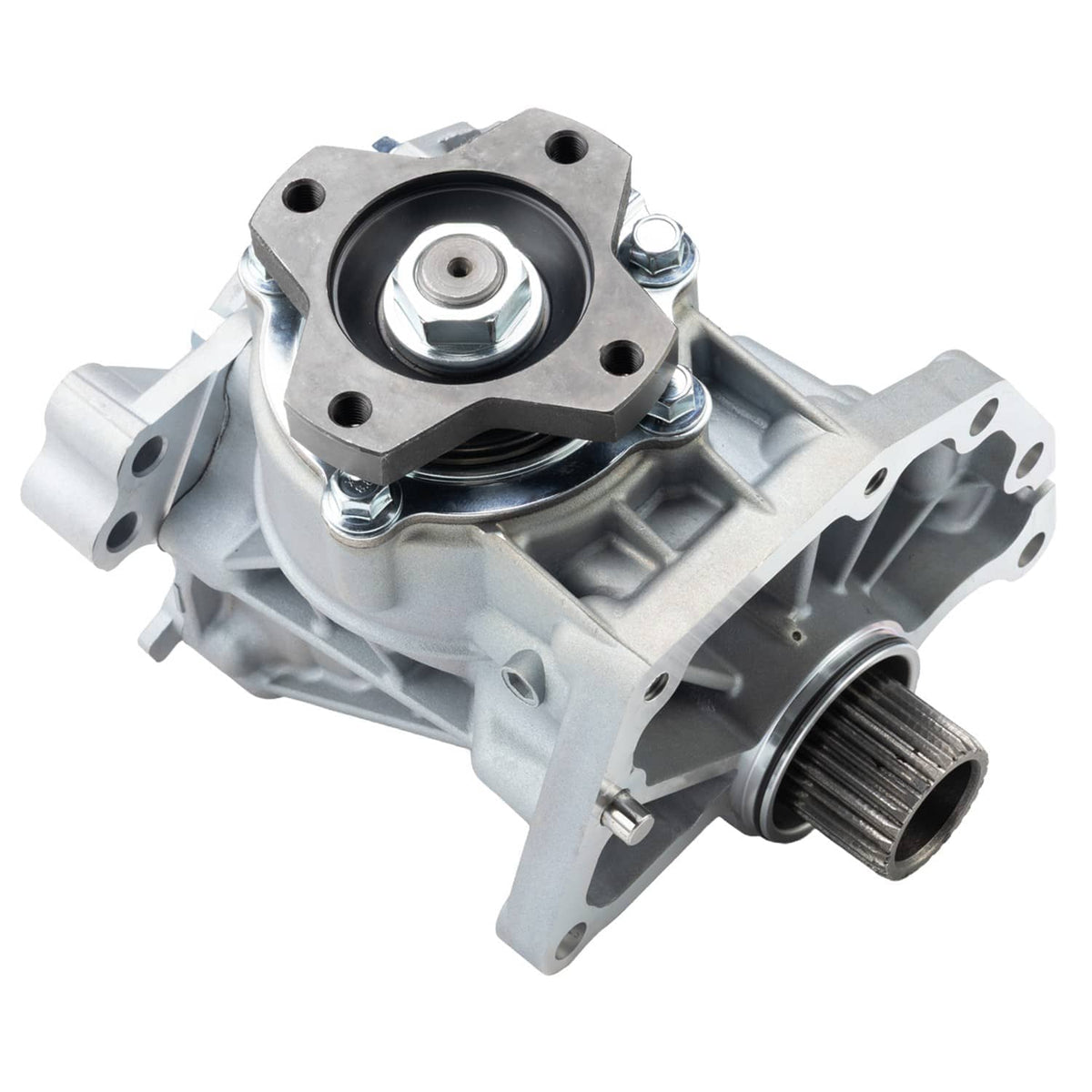 Transfer case assembly with black pulley and silver housing, visible mounting bolts
