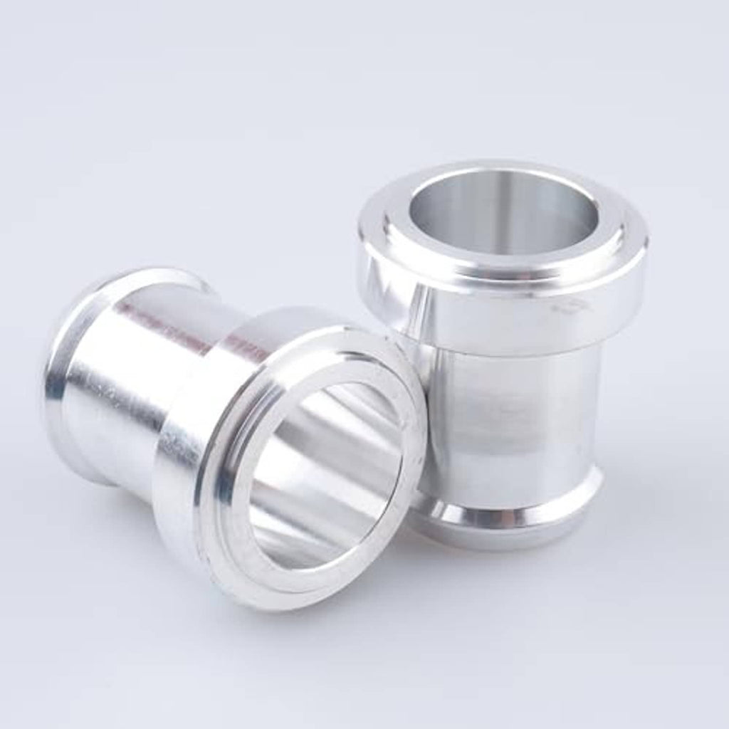 Stainless steel weldable hose barb tail fittings, close view of flanged ends