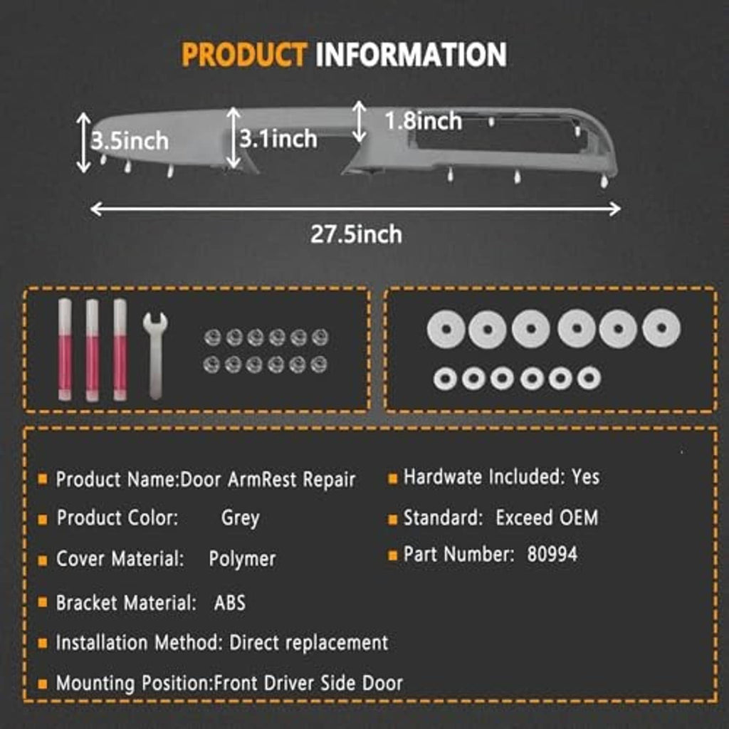 Gray armrest repair kit parts layout with measured dimensions and fasteners