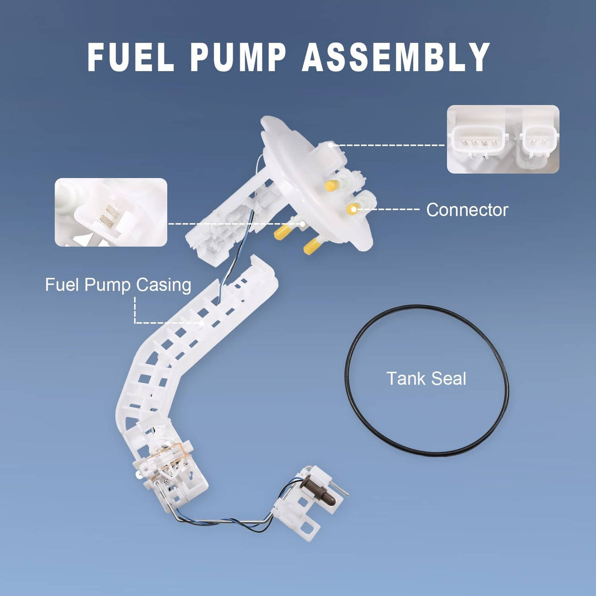 Fuel pump assembly with connector and tank seal, shown with wiring and fuel lines