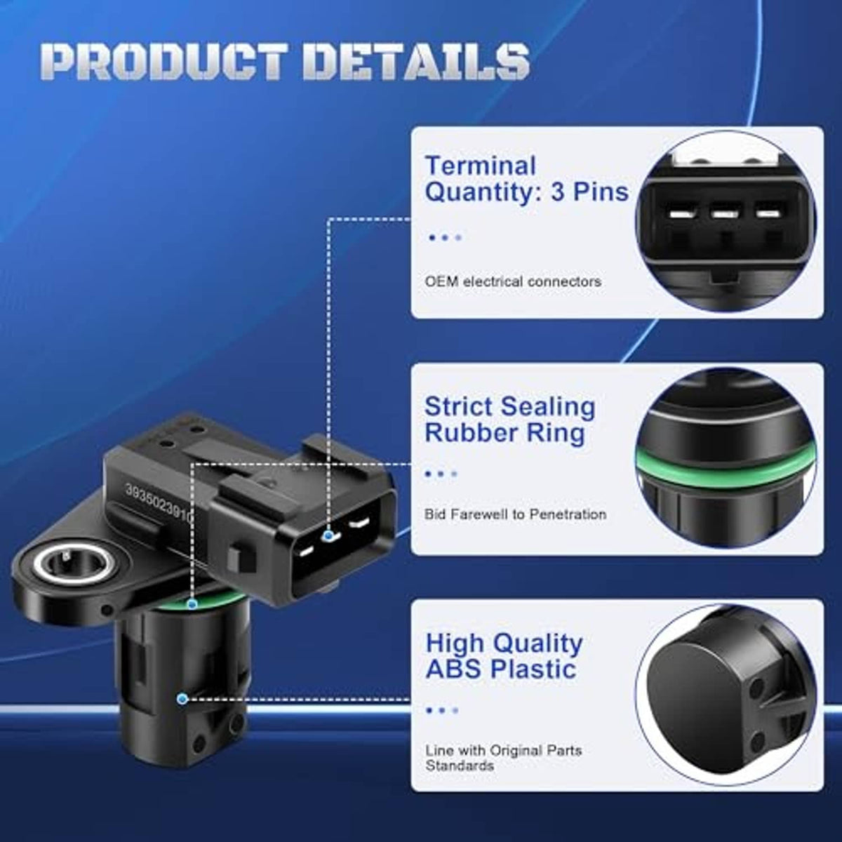 Engine camshaft position sensor with green sealing ring and 3-pin terminal connector