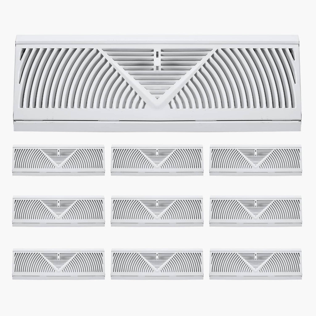White 15-inch HVAC floor register with slatted V-shaped grille and nine smaller units beneath.