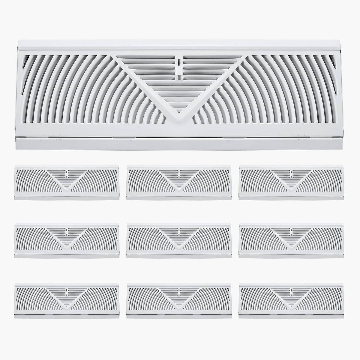 White 15-inch HVAC floor register with slatted V-shaped grille and nine smaller units beneath.