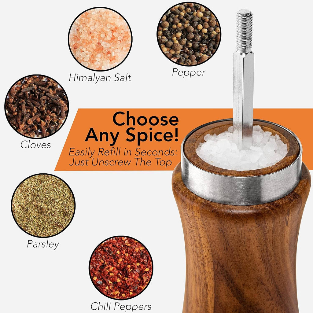 Wooden salt and pepper mill hopper with Himalayan salt, peppercorns, and spice options