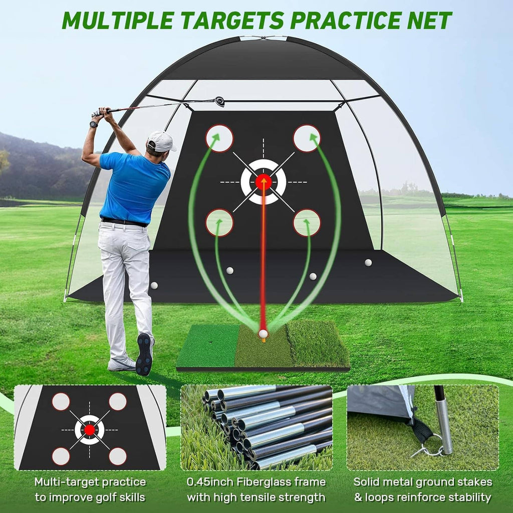 Golf practice net with multiple target circles and green turf mat on a backyard lawn