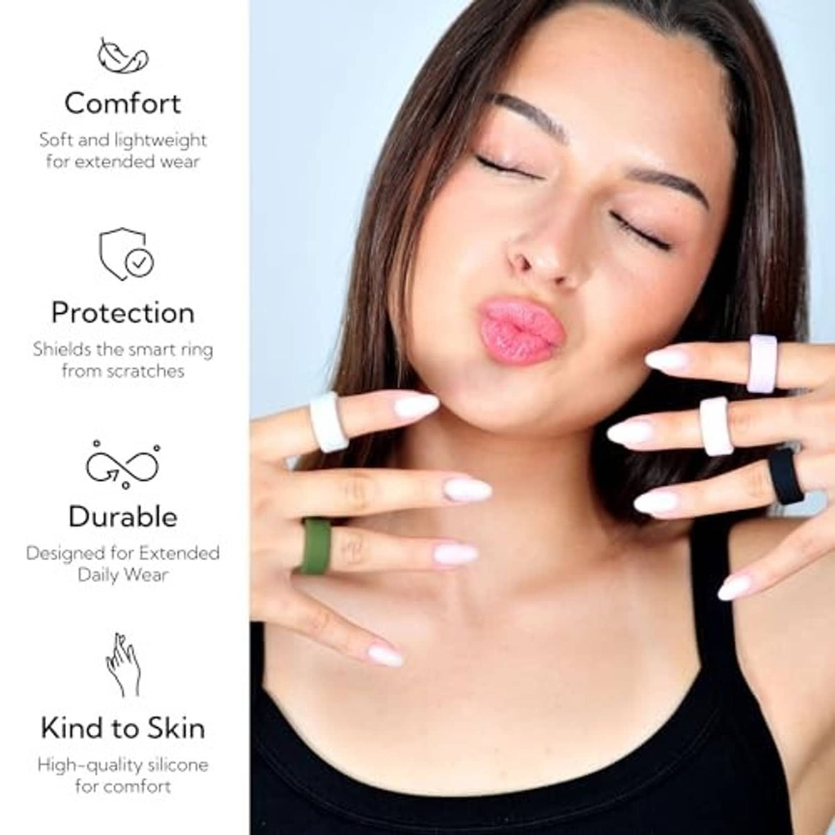 Frosted white silicone smart ring protector worn on finger for protection