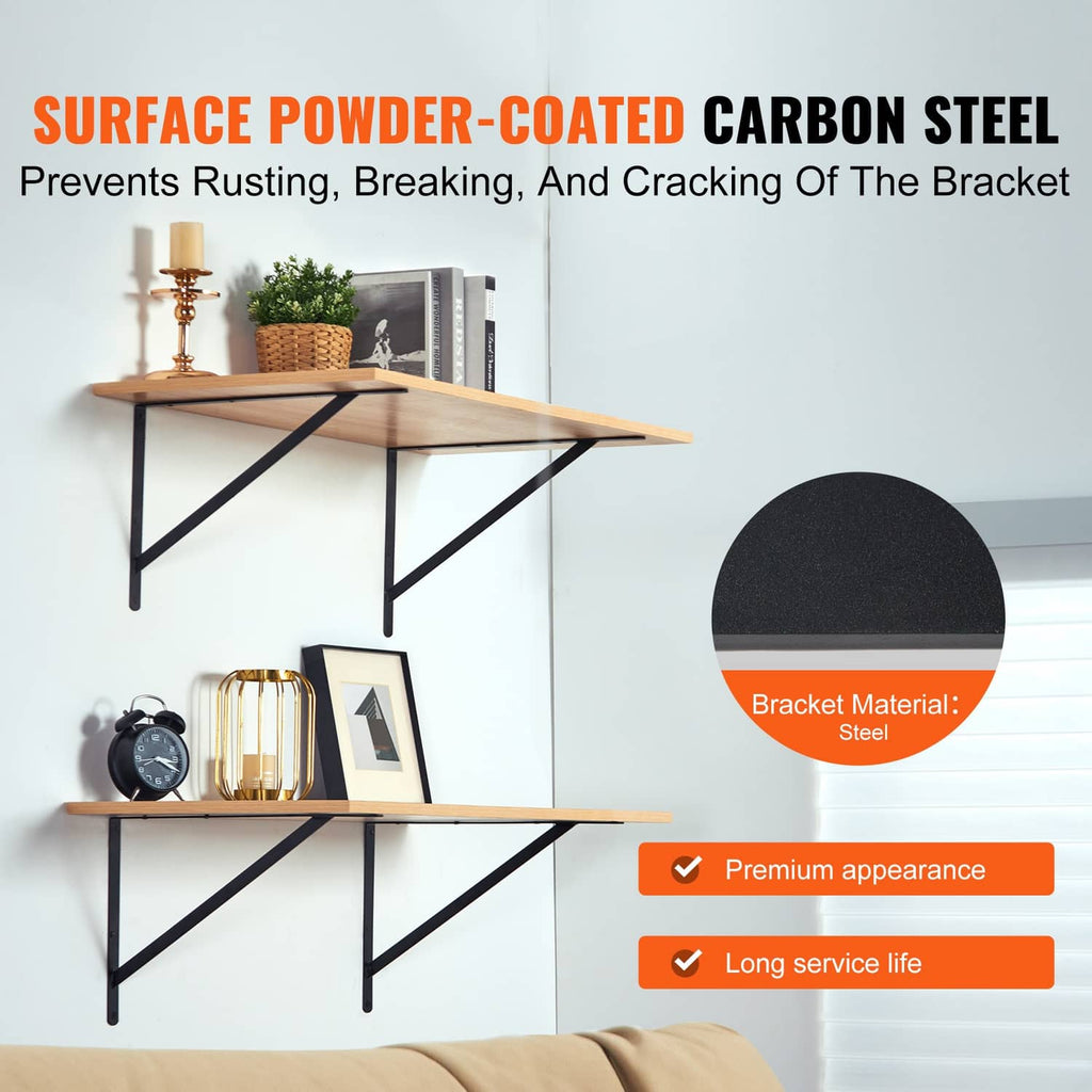 Black powder-coated steel triangular shelf brackets with side triangle frames