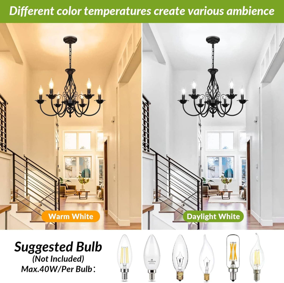 Black 6-light farmhouse chandelier showing warm and daylight candle glow