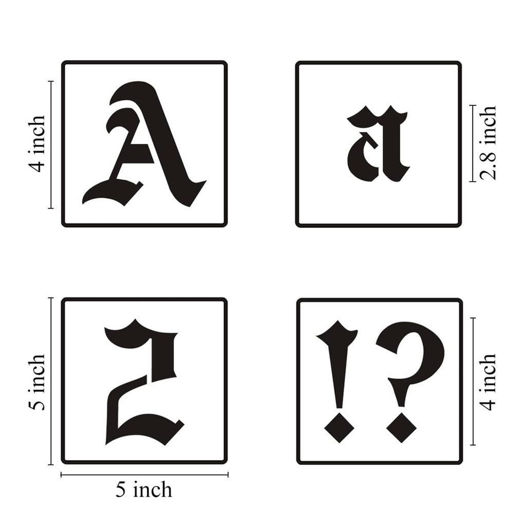 Alphabet stencil tiles with sizes labeled 2 inch, 4 inch, and 5 inch