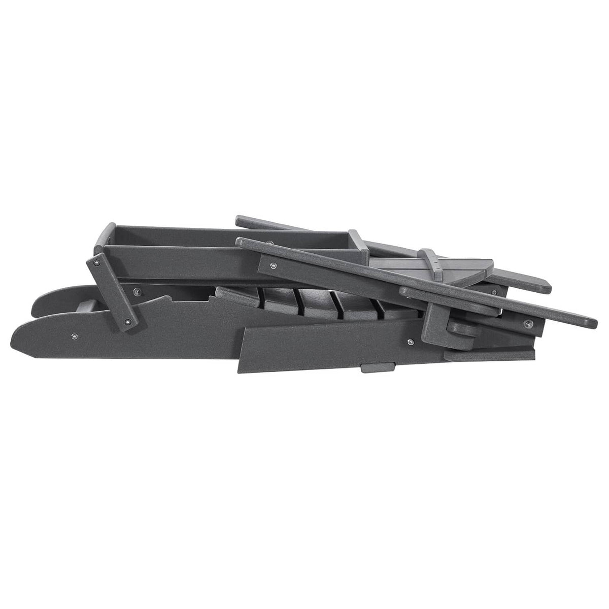 Gray folding Adirondack chair fully collapsed for storage, slatted back rests down