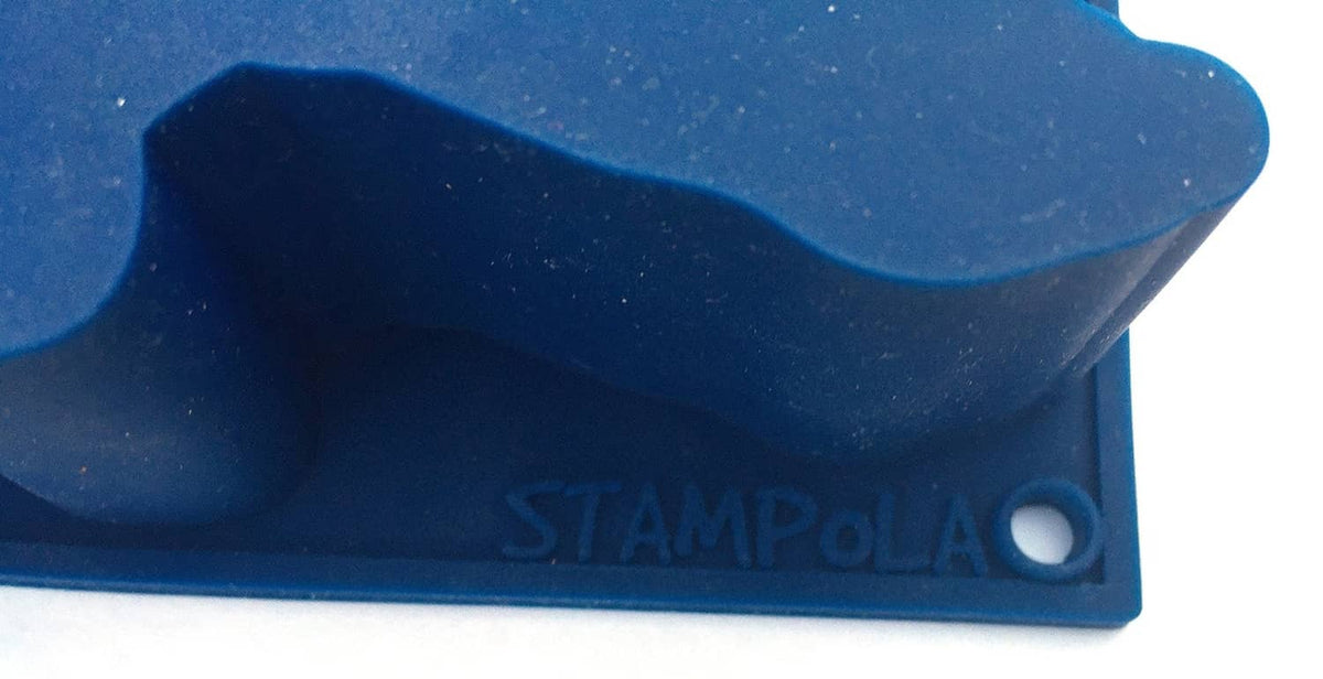 Blue silicone baking mold corner with molded brand text Stampola