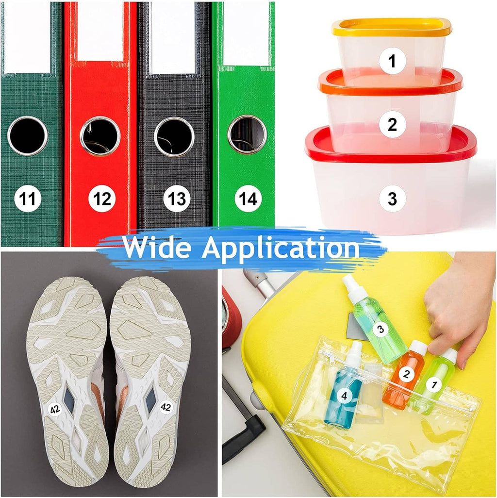Vinyl number sticker dots on color folders and storage boxes, labeled 1–14 and 1–3