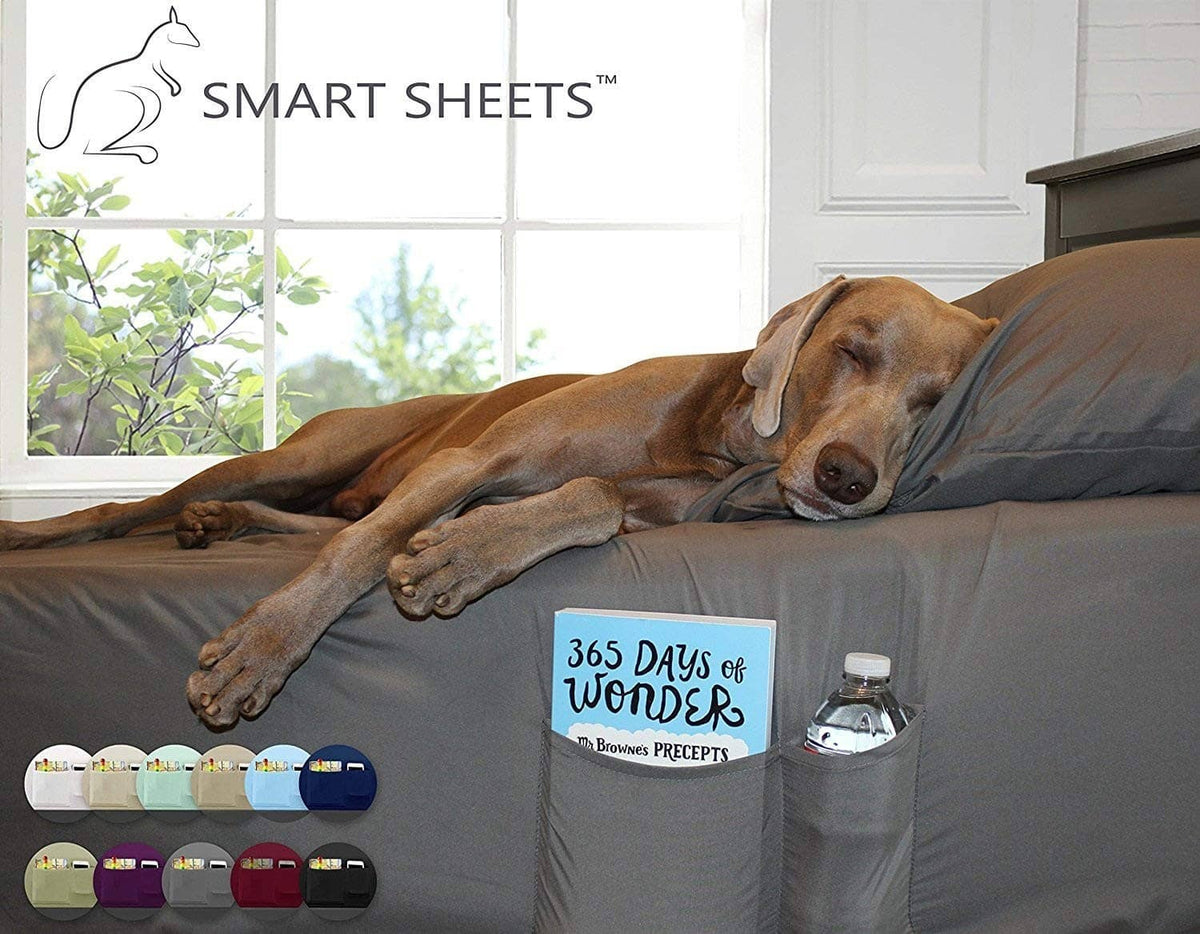 Navy queen smart sheets on bed with matching pillowcases, brushed microfiber bedding.