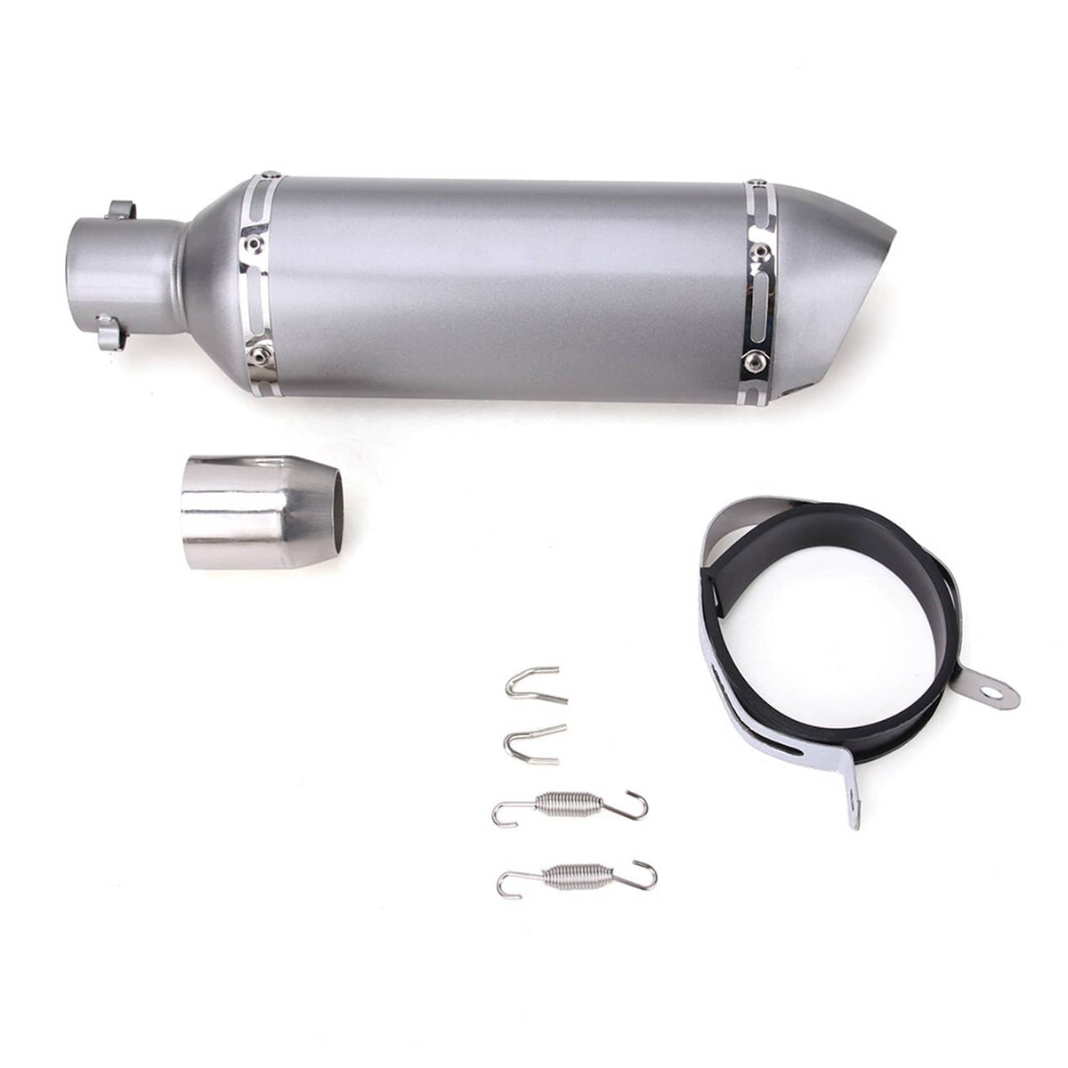 Silver motorcycle exhaust muffler kit with end cap, black mounting ring, and springs
