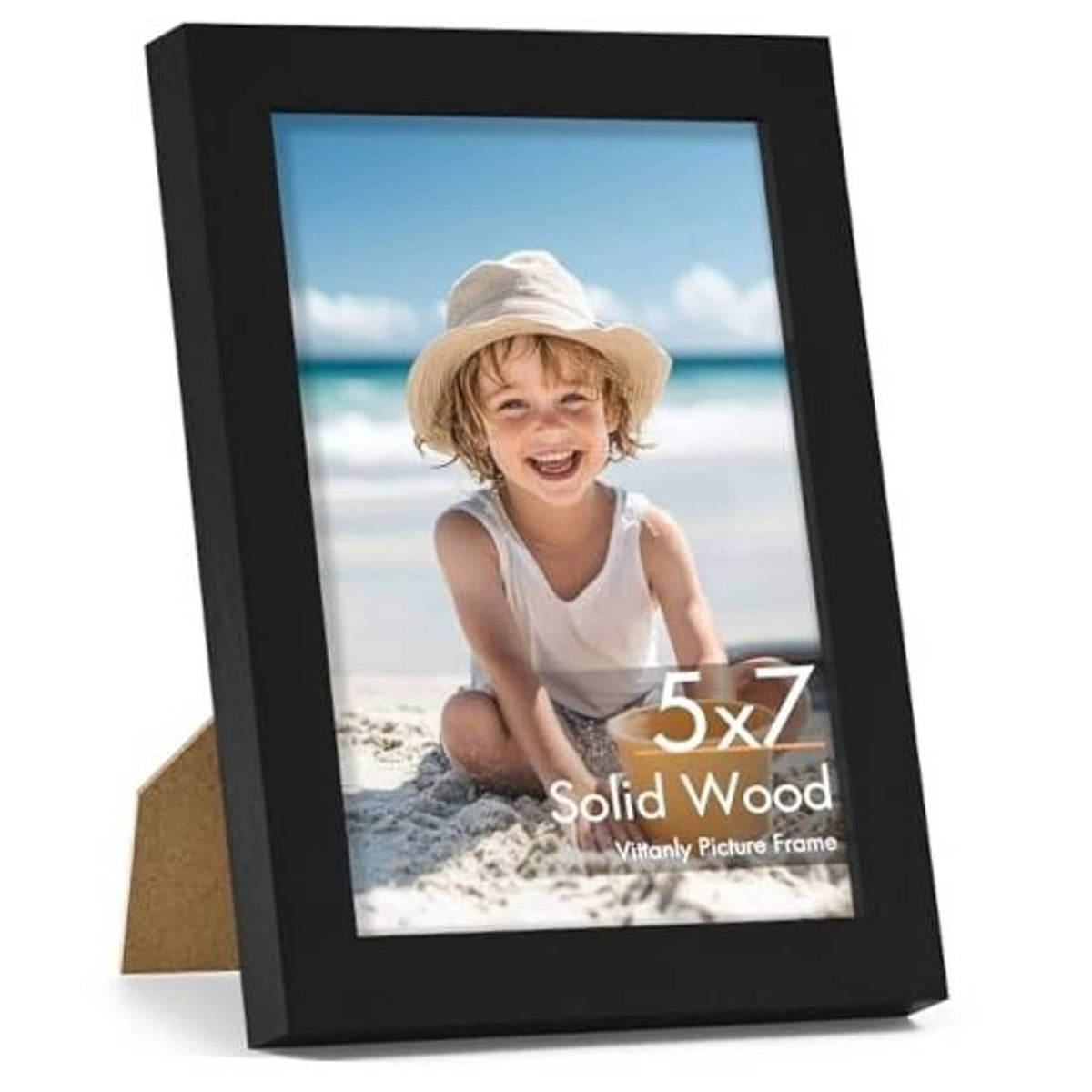 Black 5x7 picture frame in solid wood with clear shatterproof plexiglass, on tabletop stand.
