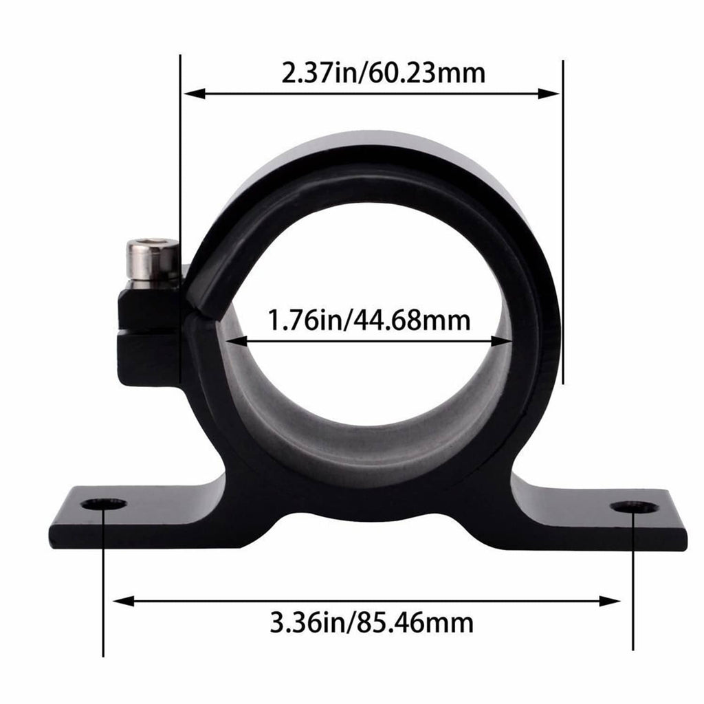 Universal 50mm fuel filter mounting bracket with dimensions, black clamp and base plates
