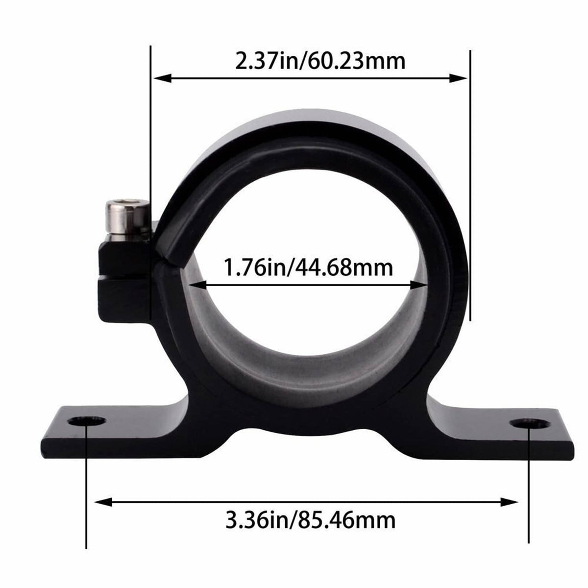 Universal 50mm fuel filter mounting bracket with dimensions, black clamp and base plates