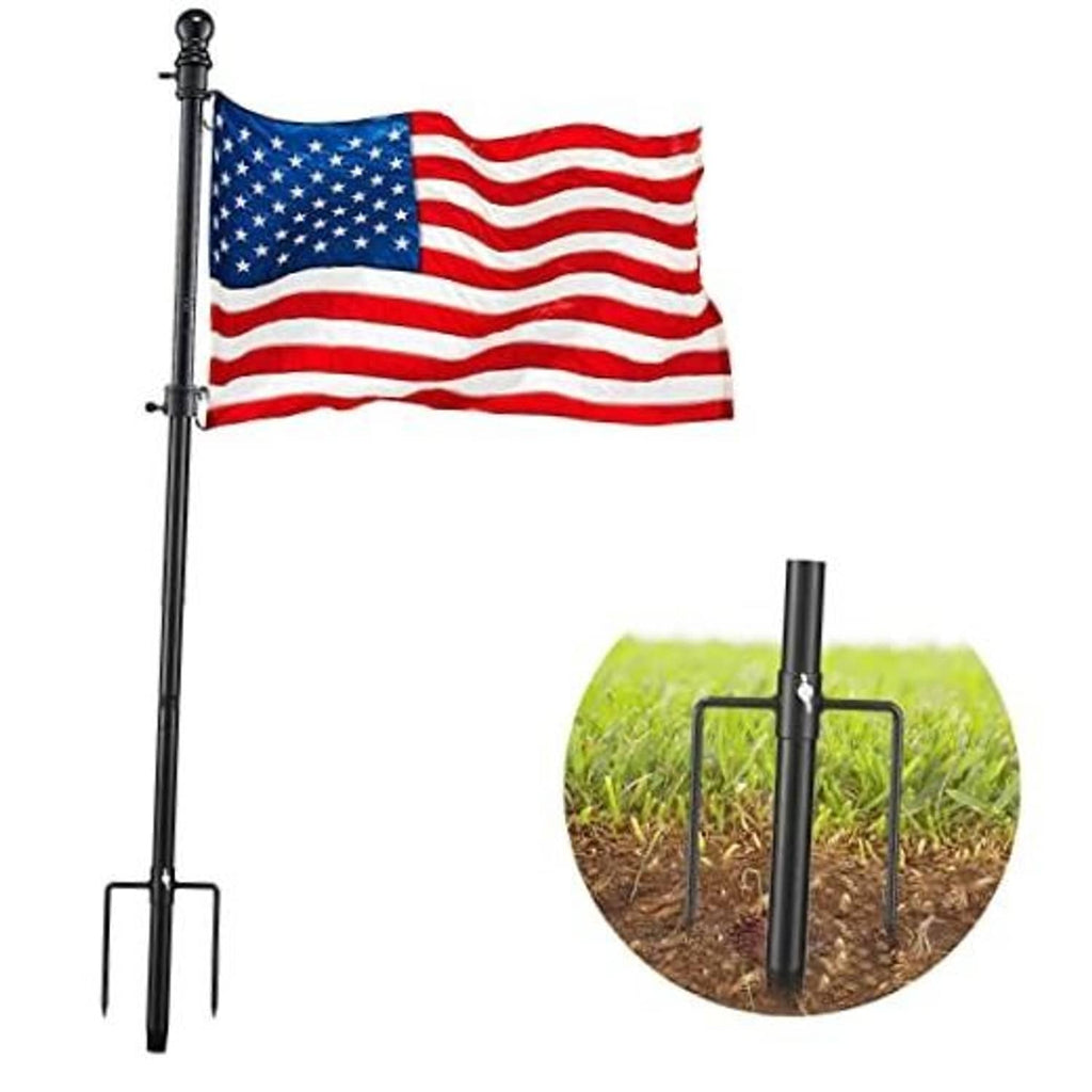 Black flag pole with finial and tied American flag on top.