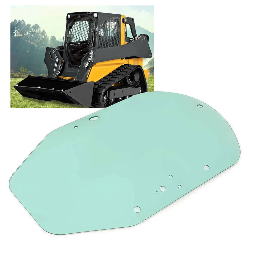 Light blue-green rounded cab door glass with mounting holes for skid steer door.