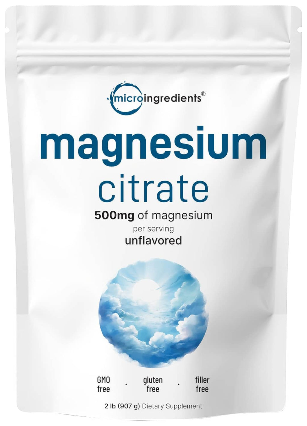 Magnesium citrate powder supplement pouch, unflavored 500mg per serving, 2 lb
