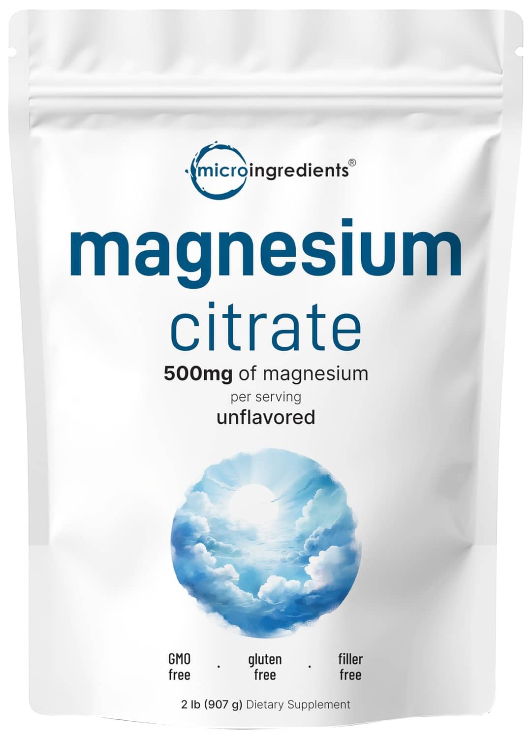 Magnesium citrate powder supplement pouch, unflavored 500mg per serving, 2 lb