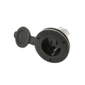Black AC power port receptacle with hinged cap and two-slot outlet