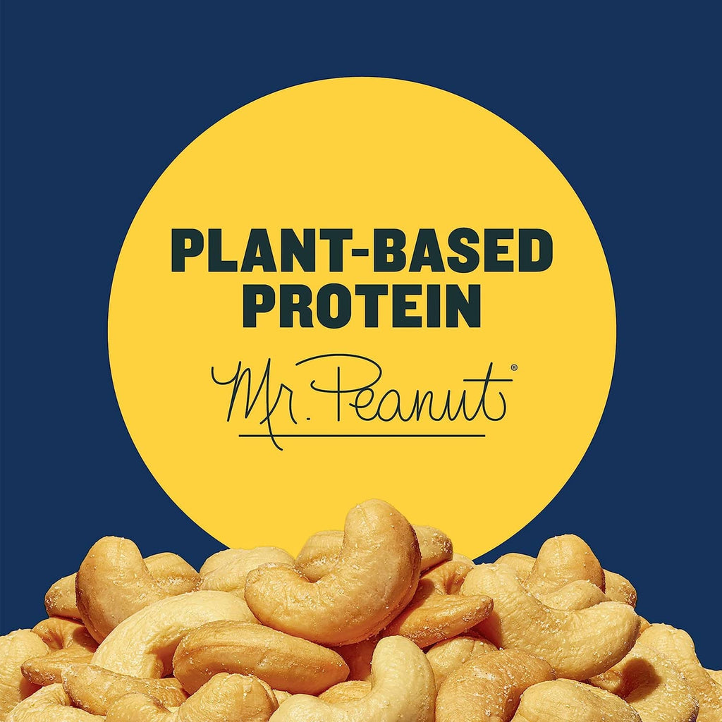 Salted whole cashews with plant-based protein badge on a PLANTERS canister